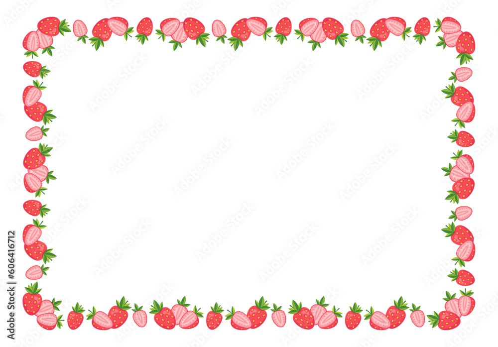 Strawberry border frame. Can be used for summer cards, letters, invitations. Isolated vector and PNG illustration on transparent background.