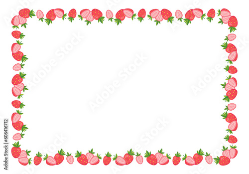 Strawberry border frame. Can be used for summer cards, letters, invitations. Isolated vector and PNG illustration on transparent background.