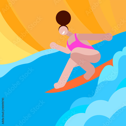 vector illustration  of a surfing girl in the sea/ocean, sunny sky, blue sea/ocean with waves