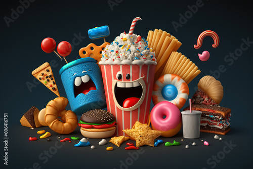Levitation cartoon smiling, crazy unhealthy and junk food splash, Assortment take out and fast foods selection characters on black background, AI Generative.