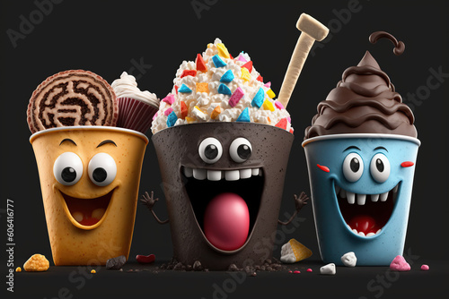 Cartoon smiling, crazy unhealthy and junk food splash, Assortment take out and fast foods selection characters on black background, AI Generative.