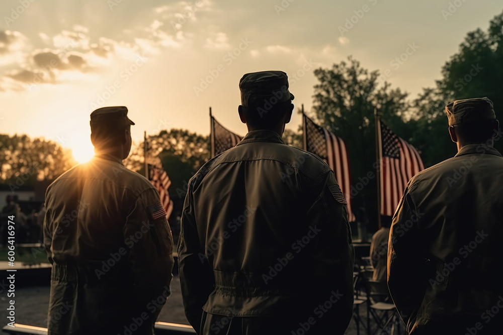 Military soldier stands near graves of American heroes sunlight, Memorial Day, Independence day, US National flag, AI Generative.