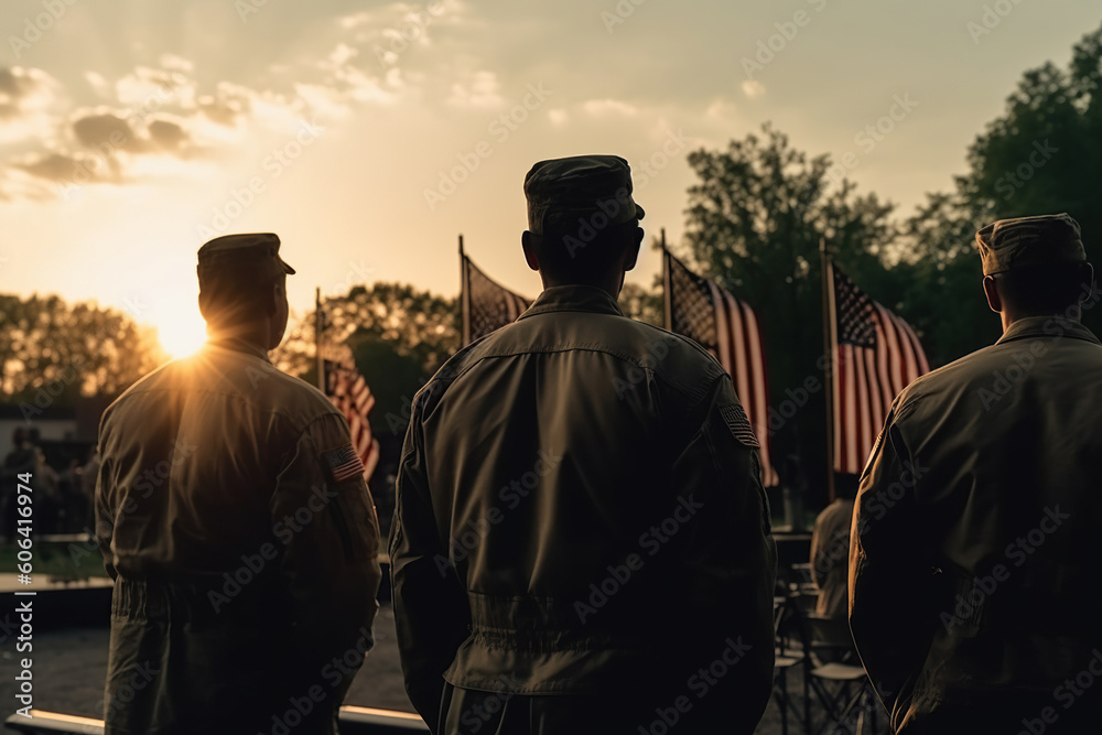 Φωτογραφία Military soldier stands near graves of American heroes sunlight, Memorial Day, Independence day, US National flag, AI Generative