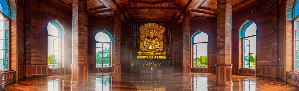 Fototapeta premium Panoramic shot of the Teak hall and golden Buddha statue inside the temple Chedi