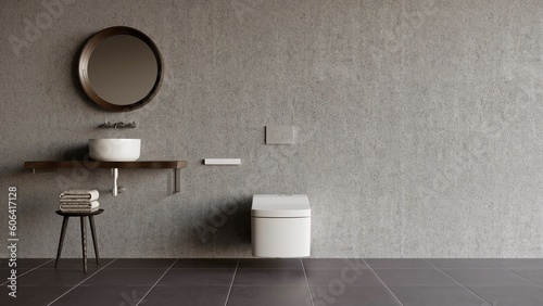 3D illustration of a minimal bathroom with round mirror