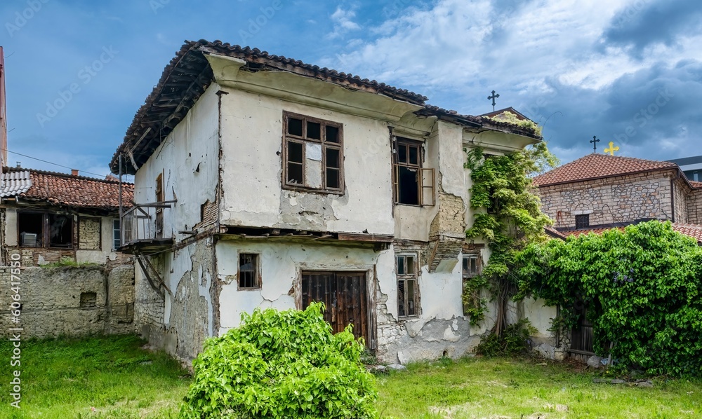 Old abandoned broken house on a cloudy day in Ohrid, North Macedonia