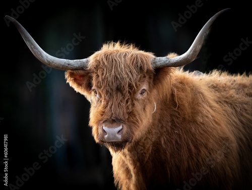 Closeup shot of a fluffy highland cow on a dark background