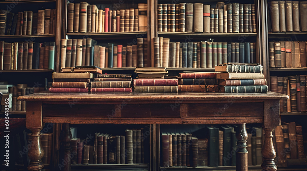 An open book on table front of shelves filled with books Generative AI An open book on table front of shelves filled with books Generative AI