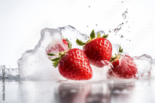Strawberries in water splashes and ice cubes isolated on white background