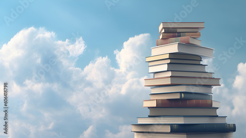 Abstract book stack with ladder on sky with clouds background. Ladder going on top of huge stack of books. Education and growth concept. 3D Rendering Generative AI