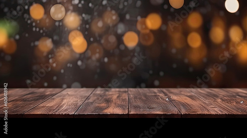 Empty dark wooden table with blurred background. Generative AI