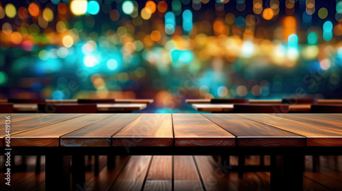 Empty dark wooden table with abstract bokeh. Generative AI