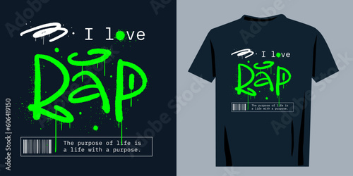 Grunge print for music fans. Graffiti slogan of Rap. Acid hip hop artwork design with spray texture. Cool design for fashion graphics, t shirt prints, street wear. Nostalgia for 1990s - 2000s.