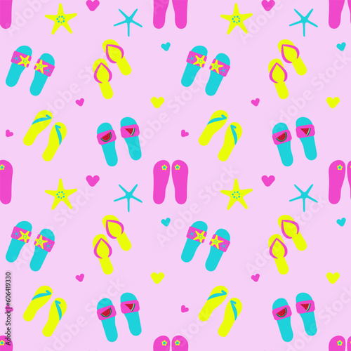 Summer Seamless pattern with Flip flops and starfish. Vector illustration of summer slipper. Cute shoes collection 