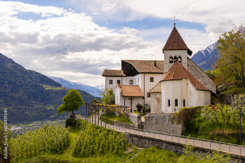 View to little church St. Peter near Dorf Tirol, South tyrol, Italy 