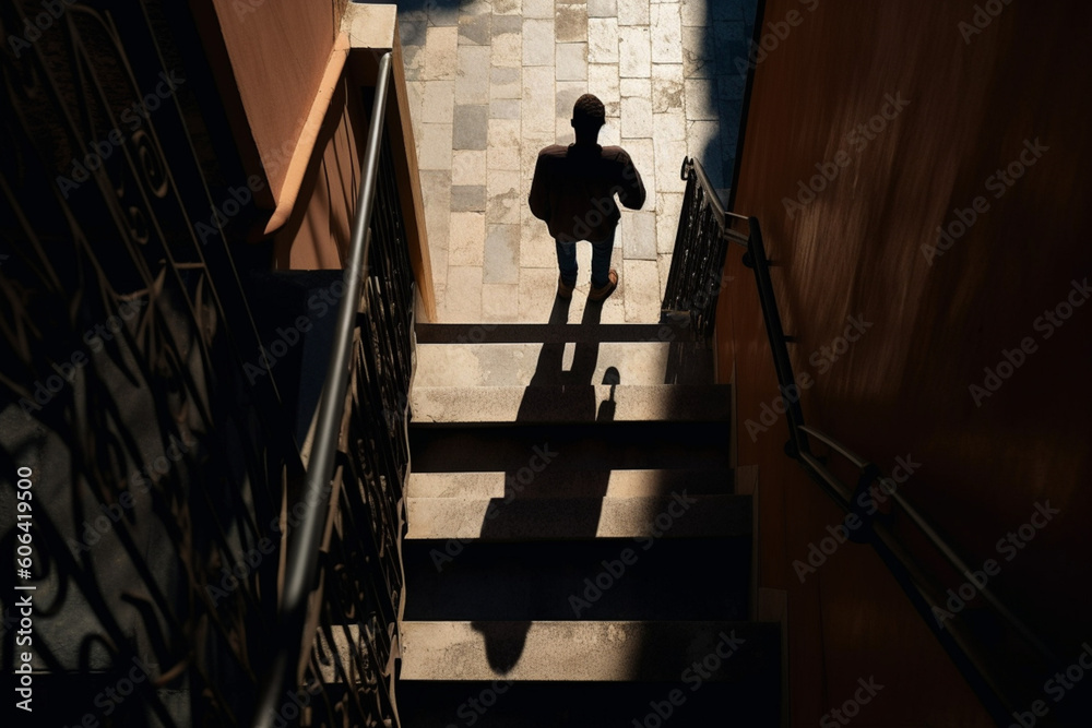 Shadow silhouette of a man walking alone down city stairs high angle view