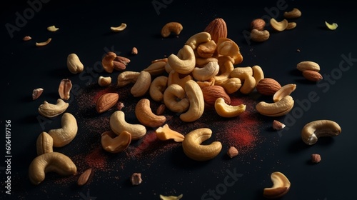 cashews scattered on a black background, highlighting their textures and colors