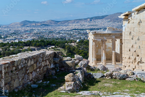 View from the Parthenon, Acropolis to the city of Athens. Parthenon building and square with stone walls against blue sky in Greece. Temple of Athena. 26.10.2020. Athens, Greece.
