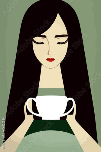 Beautyful face of a woman trinking coffee in vector illustration with wonderful long hair photo