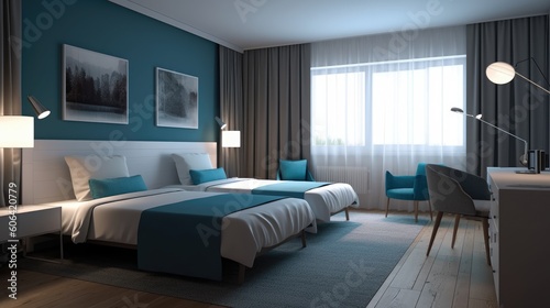 hotel room with bed, ai generative