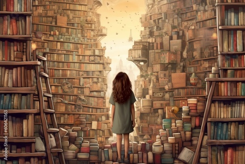 Poet child girl near books. Generate Ai photo