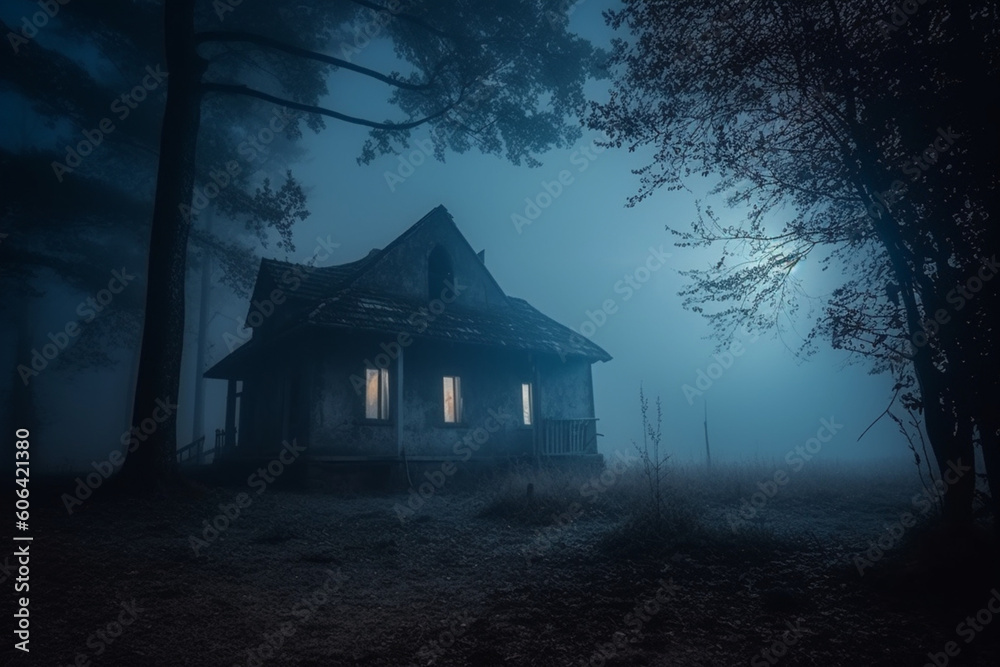 scary house in mysterious horror forest at night