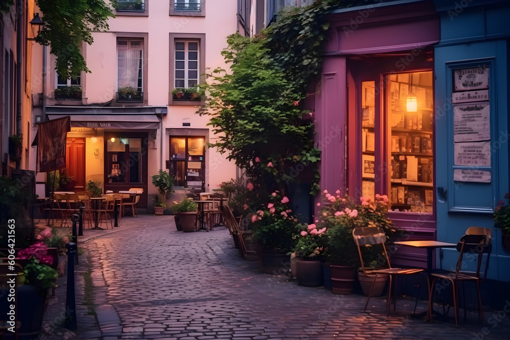 Cozy street with tables of cafe in Paris, France. Architecture and landmarks of Paris. Postcard of Paris ai generated art Generative AI