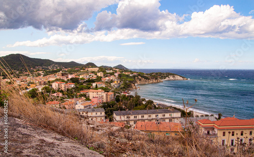 View from Forte Falcone over City of Portoferraio to Padulella beach and Capo D' Enfola, Elba