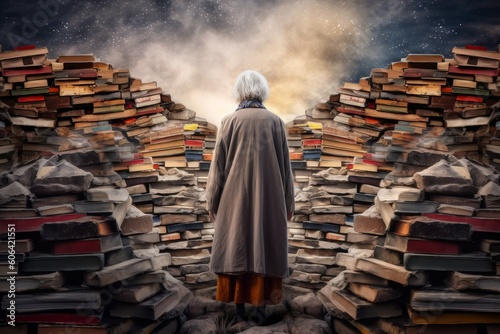 Poet old woman near books. Generate Ai photo