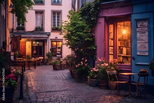 Cozy street with tables of cafe in Paris, France. Architecture and landmarks of Paris. Postcard of Paris ai generated art Generative AI