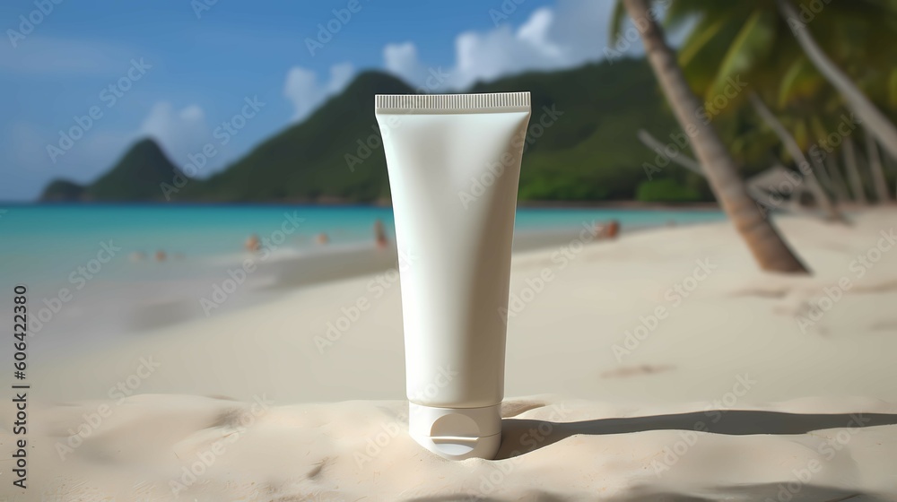 Cosmetic tube with face cream or body lotion on sandy background. Cosmetics concept with spf protection. Generative AI