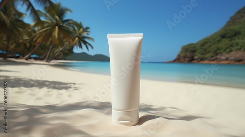Cosmetic tube with face cream or body lotion on sandy background. Cosmetics concept with spf protection. Generative AI © Alex Bur