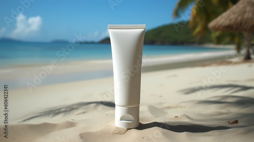 Cosmetic tube with face cream or body lotion on sandy background. Cosmetics concept with spf protection. Generative AI