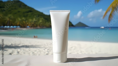 Cosmetic tube with face cream or body lotion on sandy background. Cosmetics concept with spf protection. Generative AI