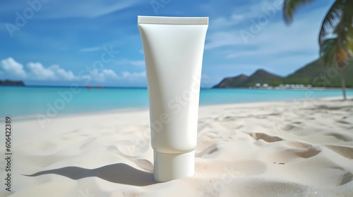 Cosmetic tube with face cream or body lotion on sandy background. Cosmetics concept with spf protection. Generative AI © Alex Bur