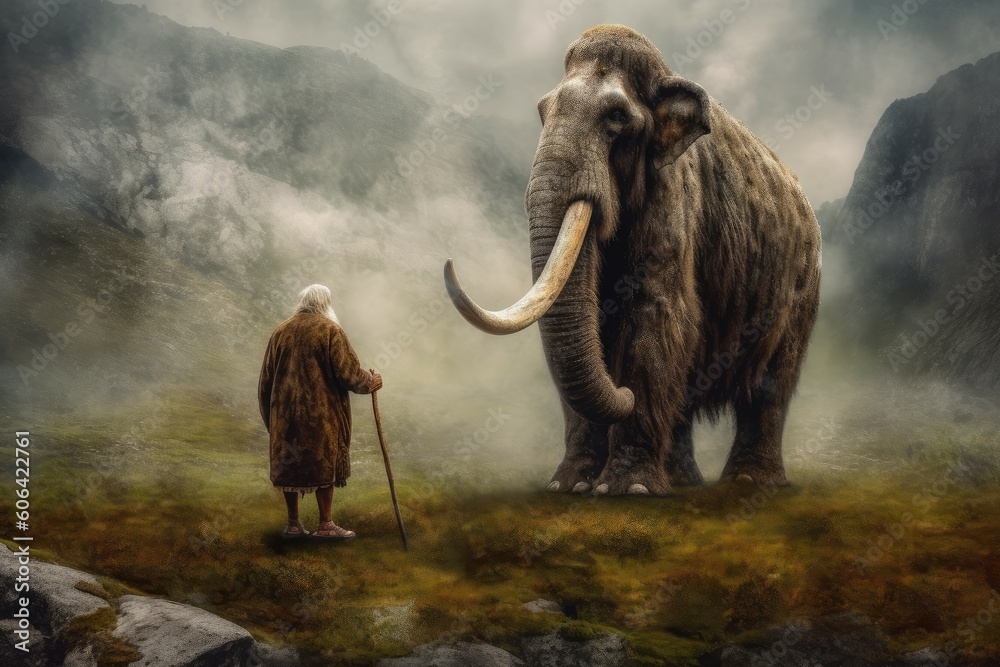 Prehistoric mammoth with old man. Generate Ai