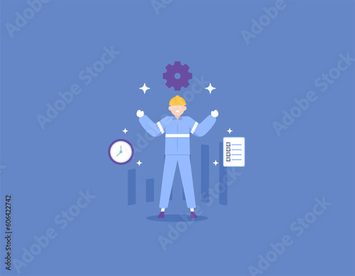 a worker who is good at managing time and able to complete tasks quickly and perfectly. a great factory worker. good industrial workers. productive. jobs and professions. illustration concept design