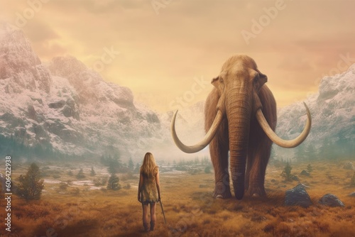 Prehistoric mammoth woman hunter. Generate Ai