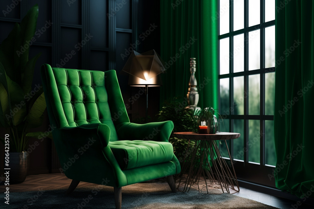 Dark green living room interior with armchair, Generative AI	