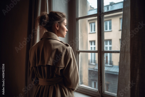 rear view of young woman dressed in retro-style trench coat stands on the windowsill with her back turned and looks out the window, © alisaaa