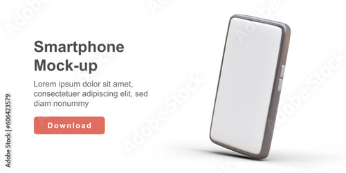Realistic 3d mock-up of big smartphone with white screen. Web page for online store with red button download. Mock up sale concept. Vector illustration in white and gray colors