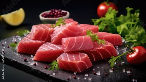  Slices of raw tuna fish meat, ai generative