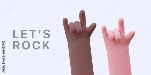 Let rock. Goat gesture with fingers. Light and dark skinned 3D hands celebrate together. Banner about friendship and unity. Vector color illustration with text in cartoon style