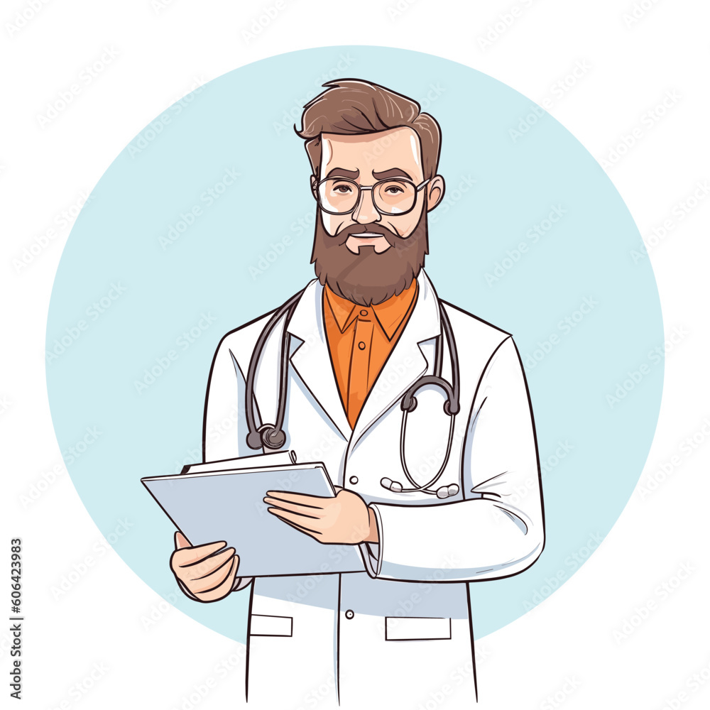 Fototapeta premium Doctor holding a clipboard, Young cartoon doctor with vector illustration, Medical concept