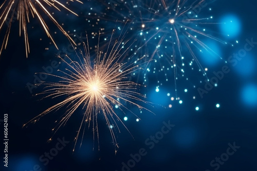 Silvester New Year's Eve Party New year Fireworks Firework background banner panorama long- Sparklers and bokeh lights on dark blue night sk