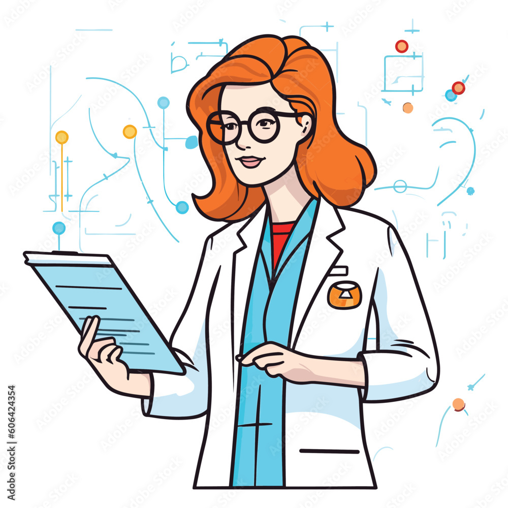 Woman doctor holding a clipboard, Young cartoon doctor with vector illustration, Medical concept Woman doctor holding a clipboard, Young cartoon doctor with vector illustration, Medical concept
