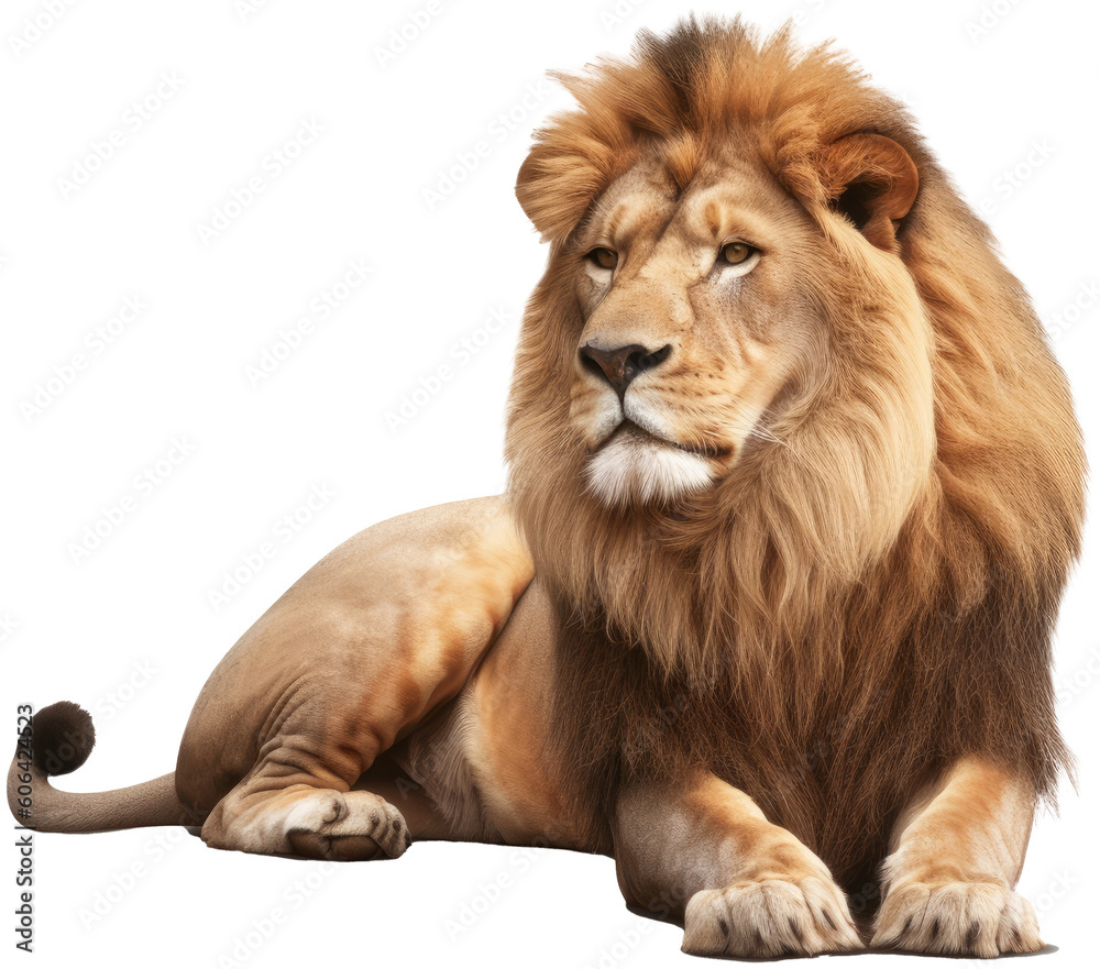Lying male lion isolated on a white background, generative AI animal Lying male lion isolated on a white background, generative AI animal