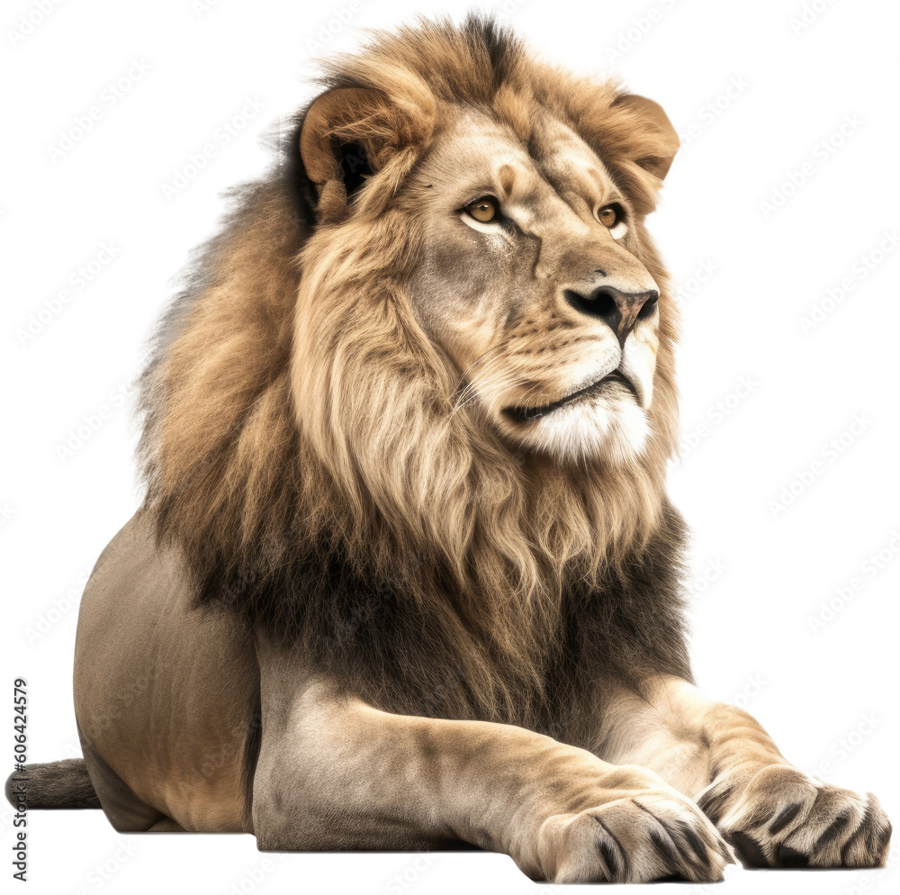 Lying male lion isolated on a transparent or white background as PNG, generative AI animal