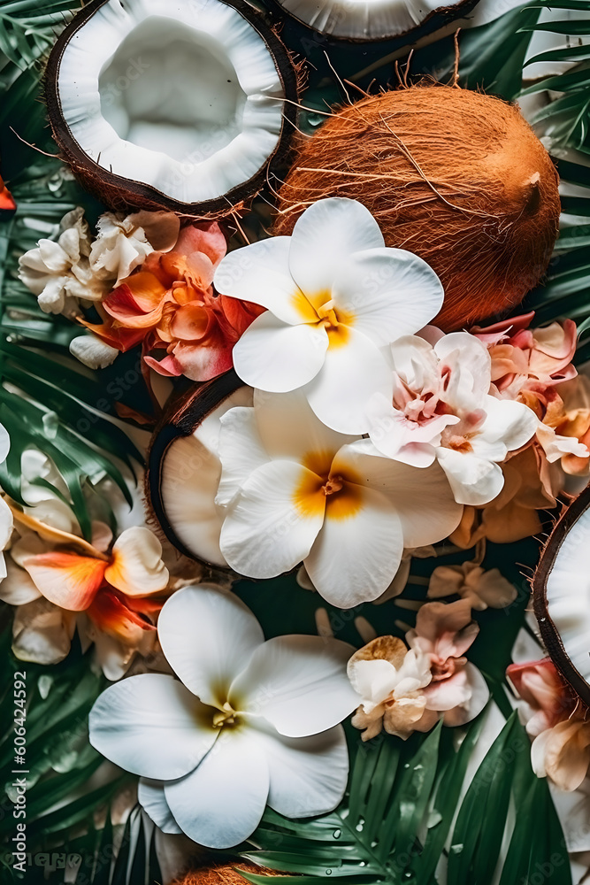 Exotic Paradise: Continuously Patterned Coconut Slices, Leaves, and Flowers