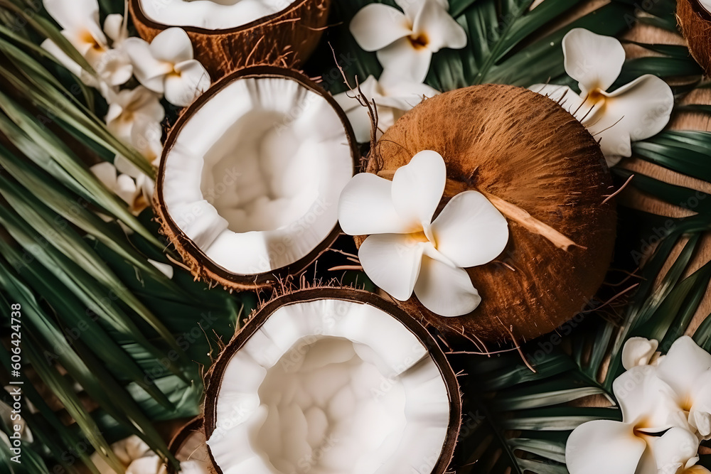 Sunny Summer Vibes: Coconut Slices with Lush Leaves and Flowers Sunny Summer Vibes: Coconut Slices with Lush Leaves and Flowers